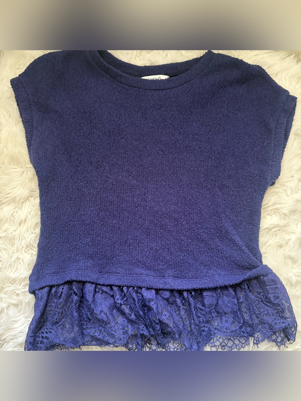 Maeve Navy Short-Sleeve Knit Top with Lace Hem